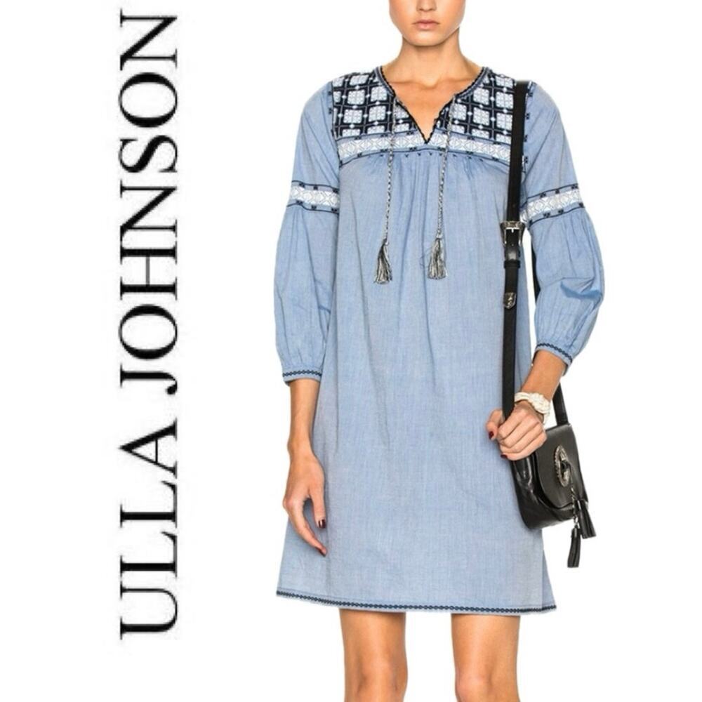 ULLA JOHNSON‎ MINI DRESS AUGUST EMBROIDERED BLUE SZ 6 FRINGE BOHO GYPSY CORE